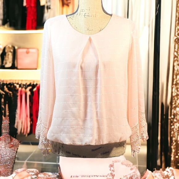 Express pink chiffon top with crochet laced sleeves - Picture 1 of 5